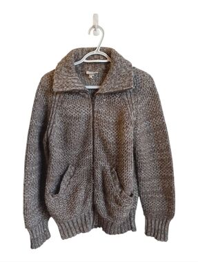 Vintange 70s Chunky Knit Zip-Up Cardigan Sweater - Taupe Heather Medium Grandma